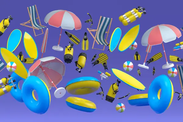 Stock image Many of flying suitcase or baggage with beach accessories on violet background. 3D render of summer vacation concept and holidays