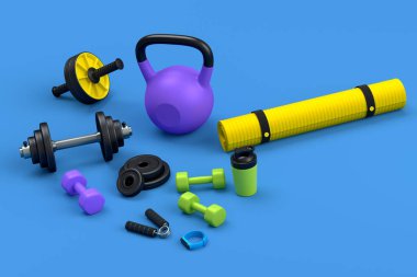Yoga minderi, kettlebell, fitness topu ve mavi arka plandaki akıllı saatler gibi spor malzemelerinin farklı bir görüntüsü. Güç kaldırma ve zindelik kavramının 3 boyutlu canlandırması
