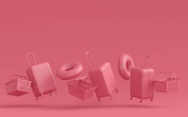 Colorful luggage with beach accessories and shopping basket flying on monochrome background. 3D render of summer vacation concept and holidays