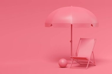 Renkli plaj yüzükleri, sandalye, şemsiyeler ve tek renkli arka planda valizler. Yaz tatili konsepti ve tatillerinin 3 boyutlu canlandırması