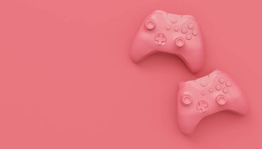 Video oyunu joystickleri ya da tek renkli pembe arka planlı oyun koruyucuları. Bulut oyunu ve oyun alanı çalışma alanı konsepti için 3B yayın ekipmanı oluşturma