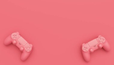 Video oyunu joystickleri ya da tek renkli pembe arka planlı oyun koruyucuları. Bulut oyunu ve oyun alanı çalışma alanı konsepti için 3B yayın ekipmanı oluşturma