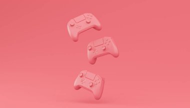 Video oyunu joystickleri ya da tek renkli pembe arka planlı oyun koruyucuları. Bulut oyunu ve oyun alanı çalışma alanı konsepti için 3B yayın ekipmanı oluşturma