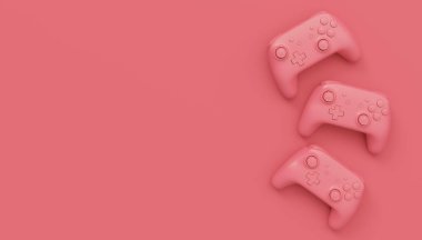 Video oyunu joystickleri ya da tek renkli pembe arka planlı oyun koruyucuları. Bulut oyunu ve oyun alanı çalışma alanı konsepti için 3B yayın ekipmanı oluşturma