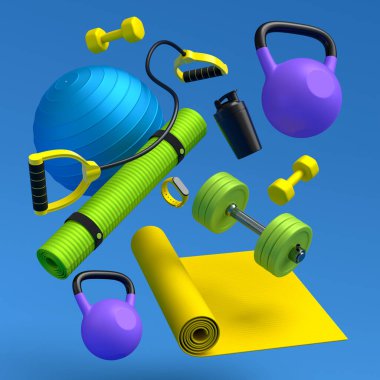 Yoga minderi, kettlebell, fitness topu ve mavi arka planda akıllı saatler gibi uçan spor aletleri. Güç kaldırma ve zindelik kavramının 3 boyutlu canlandırması