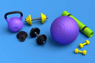 Yoga minderi, kettlebell, fitness topu ve mavi arka plandaki akıllı saatler gibi spor malzemelerinin farklı bir görüntüsü. Güç kaldırma ve zindelik kavramının 3 boyutlu canlandırması