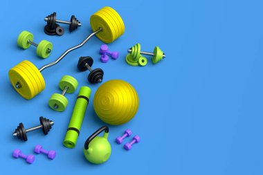 Yoga minderi, kettlebell, fitness topu ve sarı arka plandaki akıllı saatler gibi spor malzemelerinin farklı bir görüntüsü. Güç kaldırma ve zindelik kavramının 3 boyutlu canlandırması
