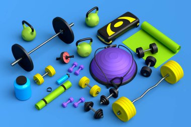 Yoga minderi, kettlebell, fitness topu ve mavi arka plandaki akıllı saatler gibi spor malzemelerinin farklı bir görüntüsü. Güç kaldırma ve zindelik kavramının 3 boyutlu canlandırması