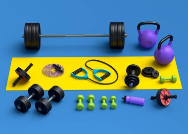 Yoga minderi, kettlebell, fitness topu ve mavi arka plandaki akıllı saatler gibi spor malzemelerinin farklı bir görüntüsü. Güç kaldırma ve zindelik kavramının 3 boyutlu canlandırması
