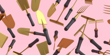 Birçok uçan bahçe küreği, dirgen ve tırmık pembe arka planda. Çiftlik ve yaz kampı için 3D bahçe aletleri ve ekipman.