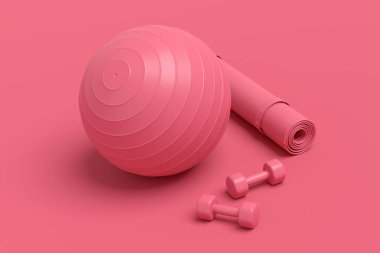 Yoga minderi, kettlebell, fitness topu ve tek renkli arka plandaki akıllı saatler gibi spor ekipmanlarına özgün bir bakış açısı. Güç kaldırma ve zindelik kavramının 3 boyutlu canlandırması