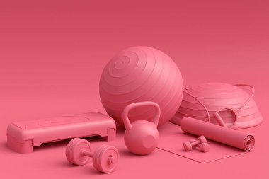 Yoga minderi, kettlebell, fitness topu ve tek renkli arka plandaki akıllı saatler gibi spor ekipmanlarına özgün bir bakış açısı. Güç kaldırma ve zindelik kavramının 3 boyutlu canlandırması