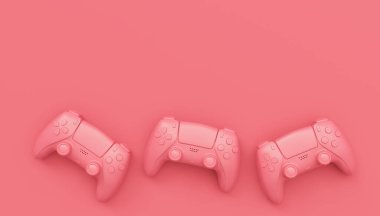 Video oyunu joystickleri ya da tek renkli pembe arka planlı oyun koruyucuları. Bulut oyunu ve oyun alanı çalışma alanı konsepti için 3B yayın ekipmanı oluşturma