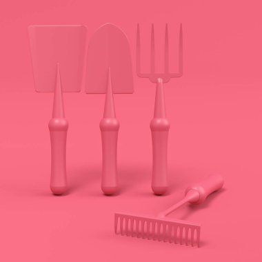 Bahçe küreği, dirgen ve tırmıkla tek renkli arka plan. Çiftlik ve yaz kampı için 3D bahçe aletleri ve ekipman.