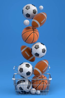Set of ball like basketball, american football and golf in shopping basket on blue background. 3d rendering of sport accessories for team playing games clipart