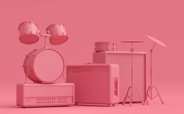 Elektronik akustik gitarlar, amplifikatörler ve tek renkli arka planda metal zilli davullar. 3D müzik perküsyon enstrümanı, bateri makinesi ve heavy metal gitarlı bateri seti