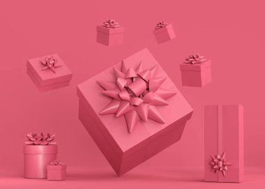 Kurdeleli hediye kutuları ve fiyonklu uçan ve tek renkli arka plan üzerine düşen. 3D karşılama tasarımı konsepti: Doğum günü, Mutlu Noeller, Kara Cuma, Yeni Yıl