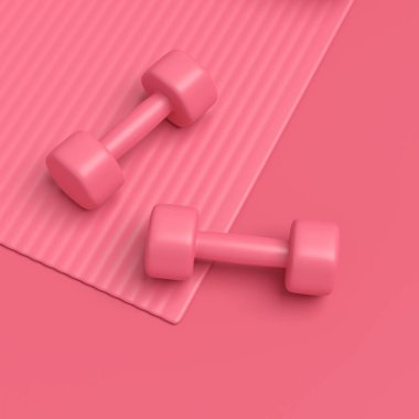 Su savaşı, dambıl ve tek renkli arka planda yoga minderi gibi spor ekipmanlarına farklı bir bakış açısı. Güç kaldırma ve zindelik kavramının 3 boyutlu canlandırması