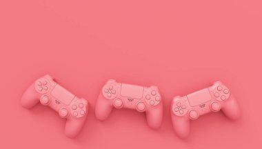 Video oyunu joystickleri ya da tek renkli pembe arka planlı oyun koruyucuları. Bulut oyunu ve oyun alanı çalışma alanı konsepti için 3B yayın ekipmanı oluşturma