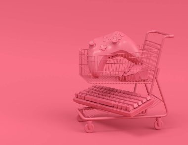 Oyun alanı ve fare, klavye, joystick, tek renkli arka planda alışveriş arabalarında kulaklık gibi teçhizatlar. 3D satış, alışveriş ve canlı yayın aksesuarları sunma kavramı