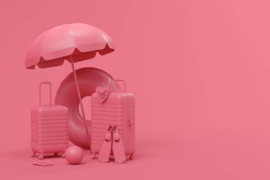 Renkli plaj yüzükleri, sandalye, şemsiyeler ve tek renkli arka planda valizler. Yaz tatili konsepti ve tatillerinin 3 boyutlu canlandırması