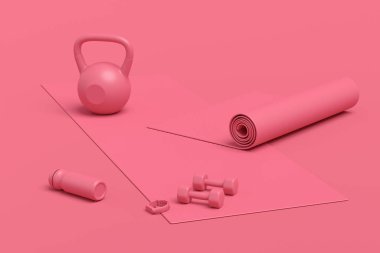Yoga minderi, kettlebell, fitness topu ve tek renkli arka plandaki akıllı saatler gibi spor ekipmanlarına özgün bir bakış açısı. Güç kaldırma ve zindelik kavramının 3 boyutlu canlandırması