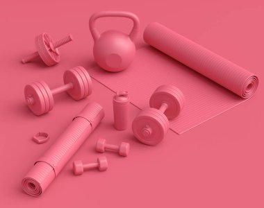 Yoga minderi, kettlebell, fitness topu ve tek renkli arka plandaki akıllı saatler gibi spor ekipmanlarına özgün bir bakış açısı. Güç kaldırma ve zindelik kavramının 3 boyutlu canlandırması