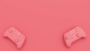 Video oyunu joystickleri ya da tek renkli pembe arka planlı oyun koruyucuları. Bulut oyunu ve oyun alanı çalışma alanı konsepti için 3B yayın ekipmanı oluşturma