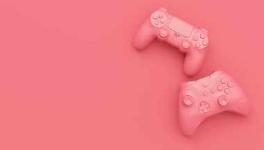 Video oyunu joystickleri ya da tek renkli pembe arka planlı oyun koruyucuları. Bulut oyunu ve oyun alanı çalışma alanı konsepti için 3B yayın ekipmanı oluşturma