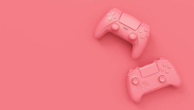 Video oyunu joystickleri ya da tek renkli pembe arka planlı oyun koruyucuları. Bulut oyunu ve oyun alanı çalışma alanı konsepti için 3B yayın ekipmanı oluşturma