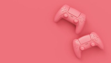 Video oyunu joystickleri ya da tek renkli pembe arka planlı oyun koruyucuları. Bulut oyunu ve oyun alanı çalışma alanı konsepti için 3B yayın ekipmanı oluşturma
