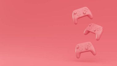 Video oyunu joystickleri ya da tek renkli pembe arka planlı oyun koruyucuları. Bulut oyunu ve oyun alanı çalışma alanı konsepti için 3B yayın ekipmanı oluşturma