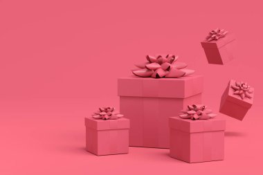 Kurdeleli hediye kutuları ve fiyonklu uçan ve tek renkli arka plan üzerine düşen. 3D karşılama tasarımı konsepti: Doğum günü, Mutlu Noeller, Kara Cuma, Yeni Yıl