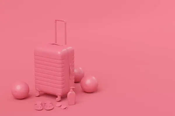 stock image Colorful suitcase or baggage with beach accessories on monochrome background. 3D render of summer vacation concept and holidays