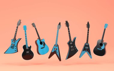 Turuncu arka planda izole edilmiş elektrikli akustik gitar seti. Müzik dükkanı için heavy metal gitarlı 3D rock festivali posteri.