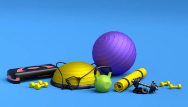 Yoga minderi, kettlebell, fitness topu ve mavi arka plandaki akıllı saatler gibi spor malzemelerinin farklı bir görüntüsü. Güç kaldırma ve zindelik kavramının 3 boyutlu canlandırması
