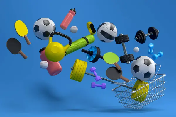 stock image Sport equipment for fitness, gym, crossfit in shopping basket on blue background. 3d render of power lifting and fitness concept