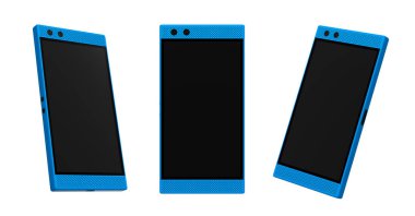 Modern bir akıllı telefonun ön ve yan görünümlerinin koleksiyonu, teknoloji önizlemeleri ve sunumlar için ideal beyaz arkaplanda kırpma yolu ile izole edilmiş