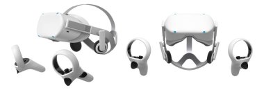 Beyaz arka planda kırpma yolu ile izole edilmiş kontrol cihazları ile sanal gerçeklik gözlükleri ve kulaklıkları. Kullanıcılar için oyun deneyimlerini geliştiren 3B tasarım