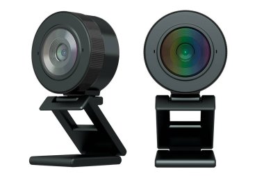 Web kamerası, kırpma yolu ile beyaz arkaplanda izole bir şekilde ayakta duruyor. Çevrimiçi görüntülü sohbet ve konferans için 3D güvenlik kamerası görüntüleme