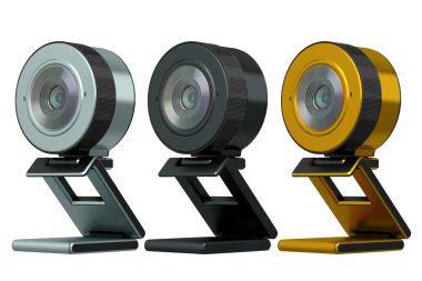 Web kamerası, kırpma yolu ile beyaz arkaplanda izole bir şekilde ayakta duruyor. Çevrimiçi görüntülü sohbet ve konferans için 3D güvenlik kamerası görüntüleme