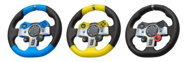 Yarış oyunu direksiyonları beyaz arka planda izole edilmiş, kırpma yolu ile, ustalıkla tasarlanmış oyun deneyiminizi geliştirmek için