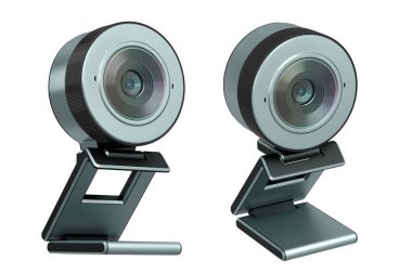 Web kamerası, kırpma yolu ile beyaz arkaplanda izole bir şekilde ayakta duruyor. Çevrimiçi görüntülü sohbet ve konferans için 3D güvenlik kamerası görüntüleme