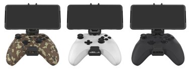 Gerçekten sürükleyici ve ilgi çekici bir oyun deneyimi için tasarlanmış bir dizi mobil oyun denetleyicisi beyaz arka planda kırpma yolu ile izole