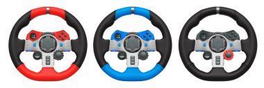 Yarış oyunu direksiyonları beyaz arka planda izole edilmiş, kırpma yolu ile, ustalıkla tasarlanmış oyun deneyiminizi geliştirmek için