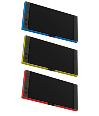 Modern akıllı telefonların ön ve yan görüntülerinin toplanması, teknoloji önizlemeleri ve sunumlar için ideal beyaz arkaplanda kırpma yolu ile izole edilmiş