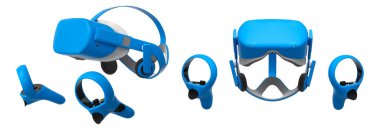 Beyaz arka planda kırpma yolu ile izole edilmiş kontrol cihazları ile sanal gerçeklik gözlükleri ve kulaklıkları. Kullanıcılar için oyun deneyimlerini geliştiren 3B tasarım