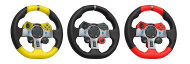 Yarış oyunu direksiyonları beyaz arka planda izole edilmiş, kırpma yolu ile, ustalıkla tasarlanmış oyun deneyiminizi geliştirmek için