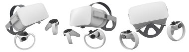 Beyaz arka planda kırpma yolu ile izole edilmiş kontrol cihazları ile sanal gerçeklik gözlükleri ve kulaklıkları. Kullanıcılar için oyun deneyimlerini geliştiren 3B tasarım