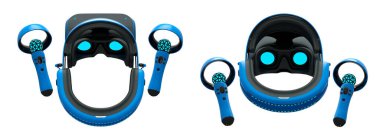 Beyaz arka planda kırpma yolu ile izole edilmiş kontrol cihazları ile sanal gerçeklik gözlükleri ve kulaklıkları. Kullanıcılar için oyun deneyimlerini geliştiren 3B tasarım